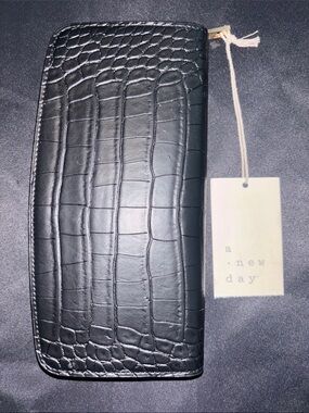 A New Day- Black Croc-Embossed Zip Wallet with Gold Hardware